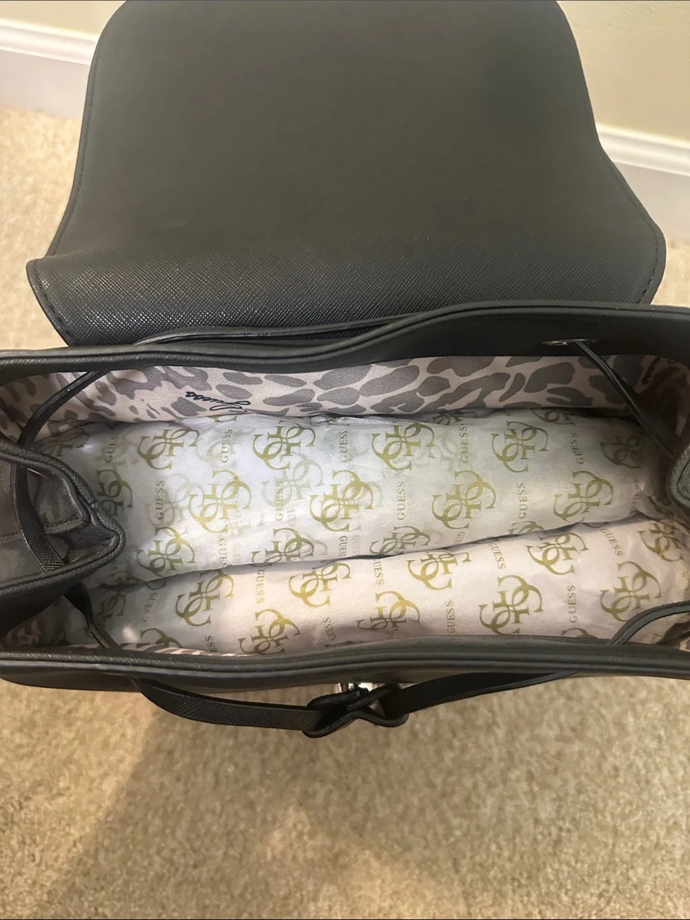 GUESS Black Backpack with Red and White Floral Accents
